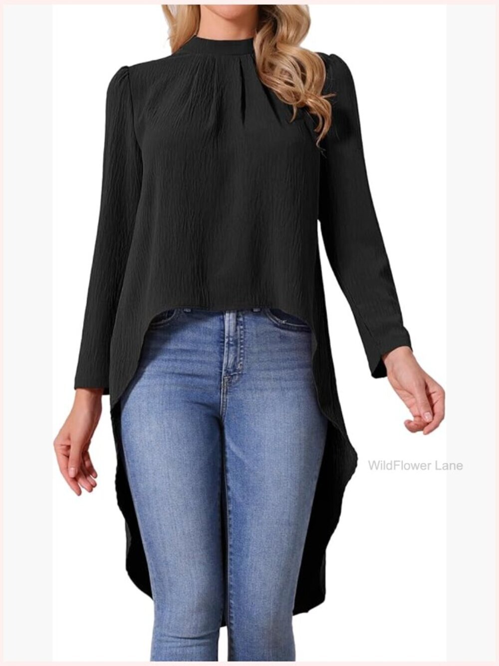 High Low Tunic Blouse Long Sleeve Back Keyhole Asymmetrical Hem Dressy Casual